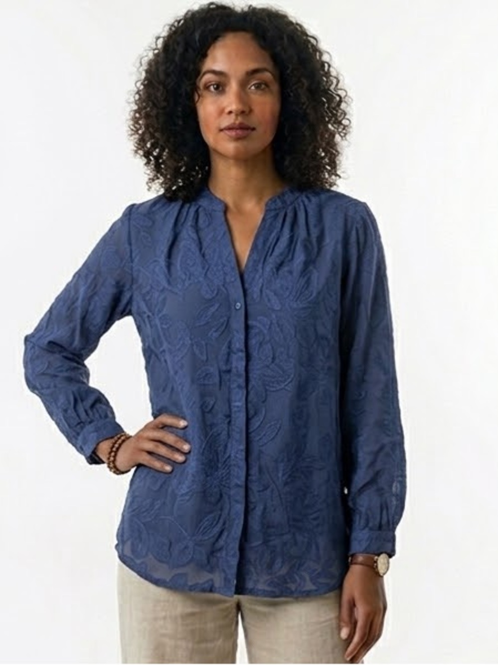 Chicos Navy Floral Embroidered Long Sleeve Blouse V-Neck